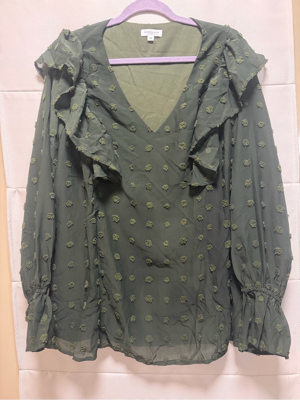 Chic Soul Olive Green Ruffle Blouse 2X Plus Size Swiss Dot V Neck - Picture 2 of 11